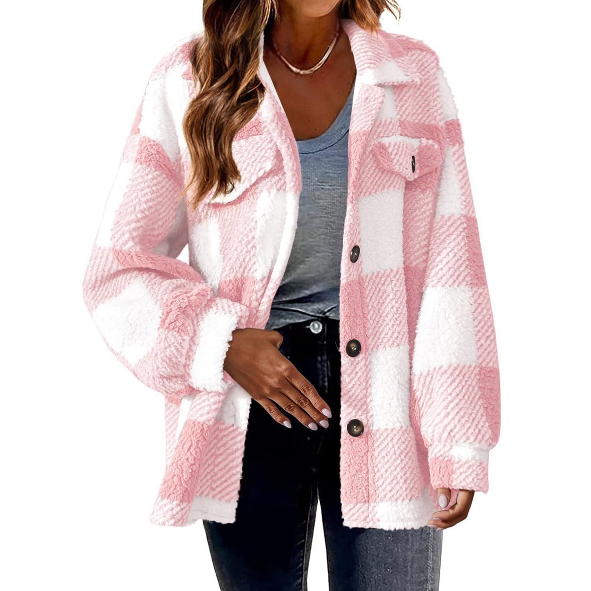 Women's Plaid Fleece Oversized Jacket - Pink-L