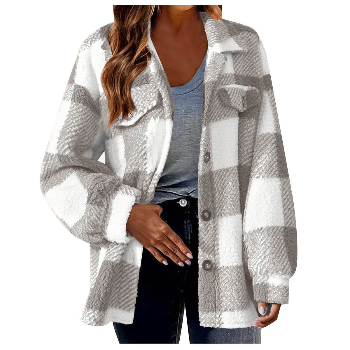 Women's Plaid Fleece Oversized Jacket - Light Gray-2XL