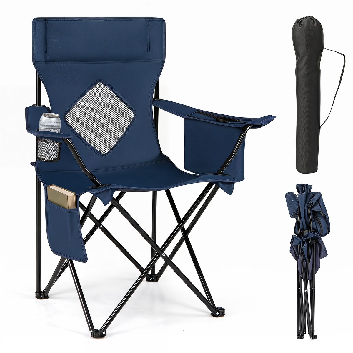 Costway Folding Camping Chair with Mesh Fabric Backrest, Solid Metal Frame - Blue
