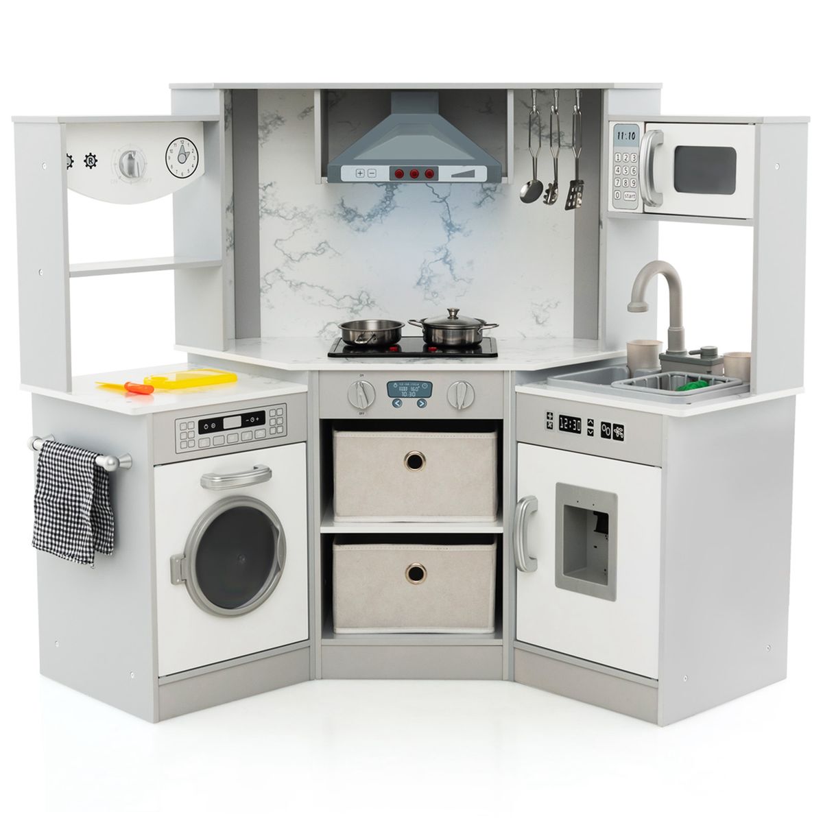 Wooden Kids Play Corner Kitchen with Realistic Lights & Sounds Lighted Range Hood - White