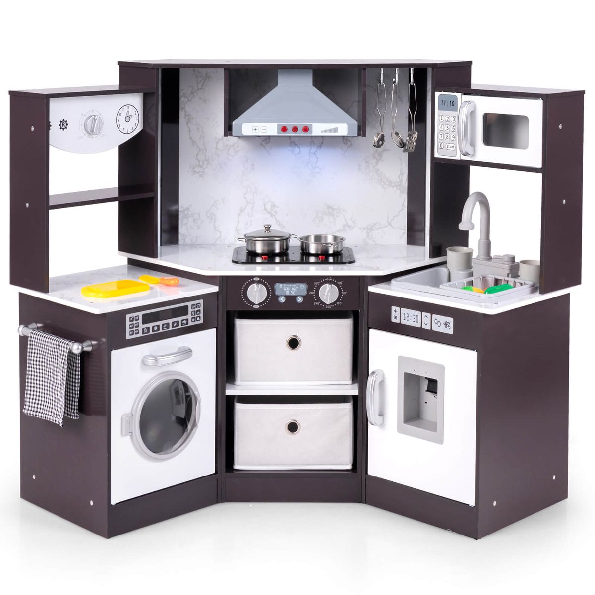 Wooden Kids Play Corner Kitchen with Realistic Lights & Sounds Lighted Range Hood - Brown