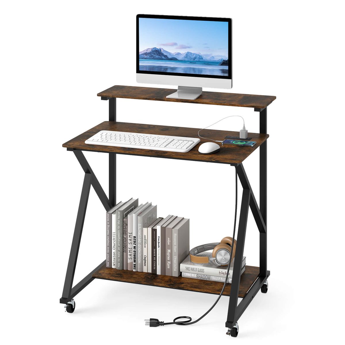 Rolling Computer Desk with Charging Station and Open Storage Shelf - Rustic Brown