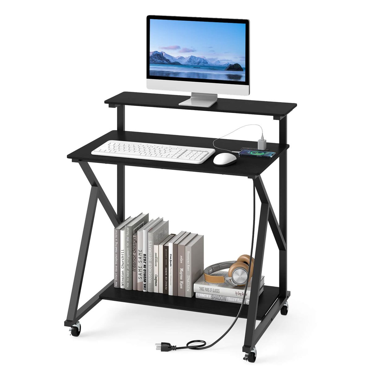 Rolling Computer Desk with Charging Station and Open Storage Shelf - Black