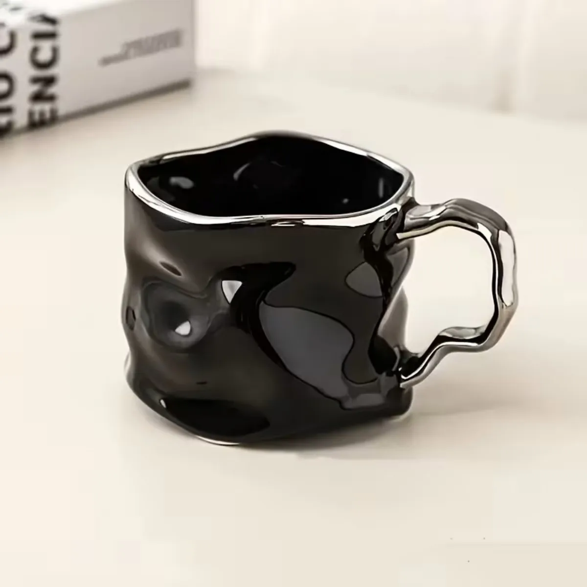 Unique Wavy Texture Coffee Cup with Handle - Black