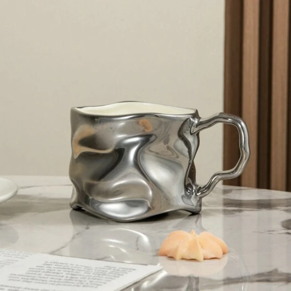 Unique Wavy Texture Coffee Cup with Handle - Silver