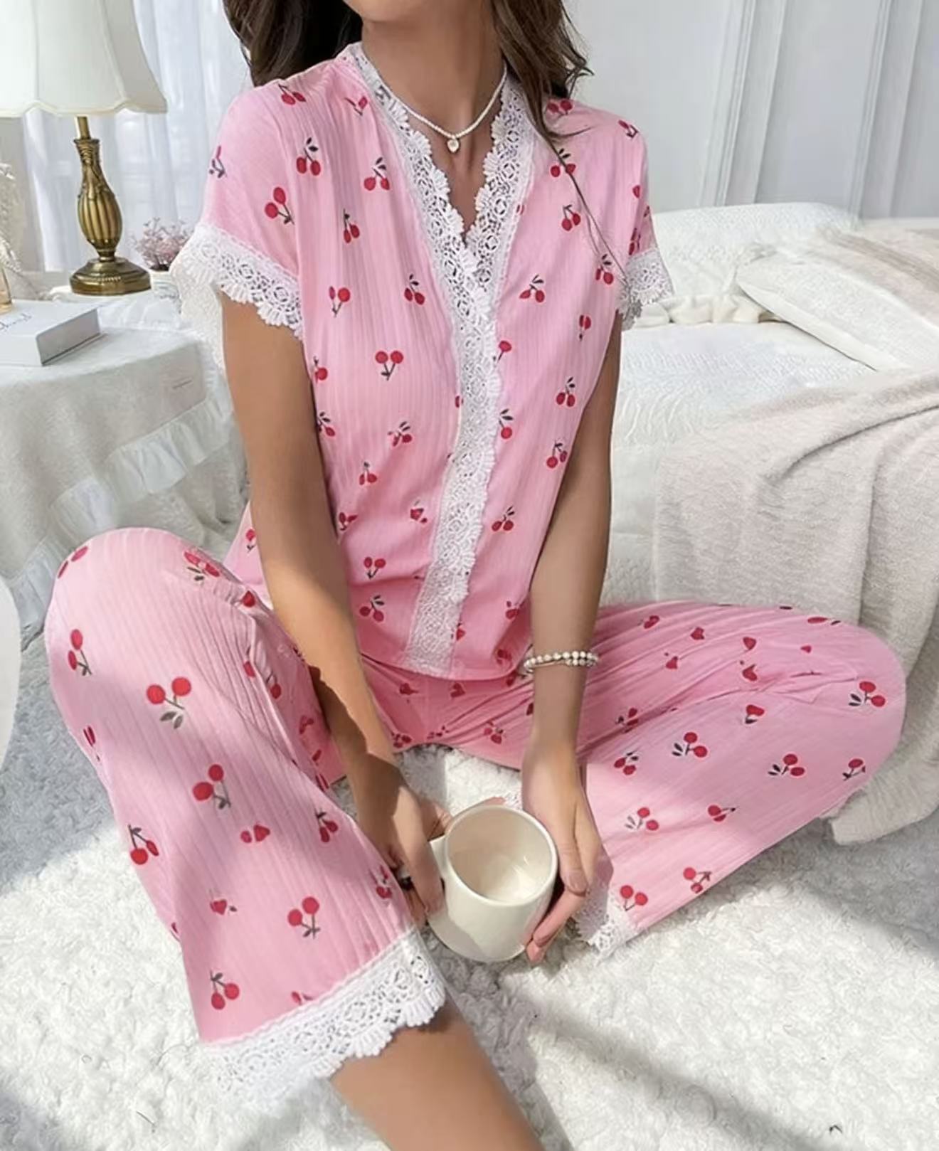 Printed Women's Pajama Set - Pink Cherry, XXL