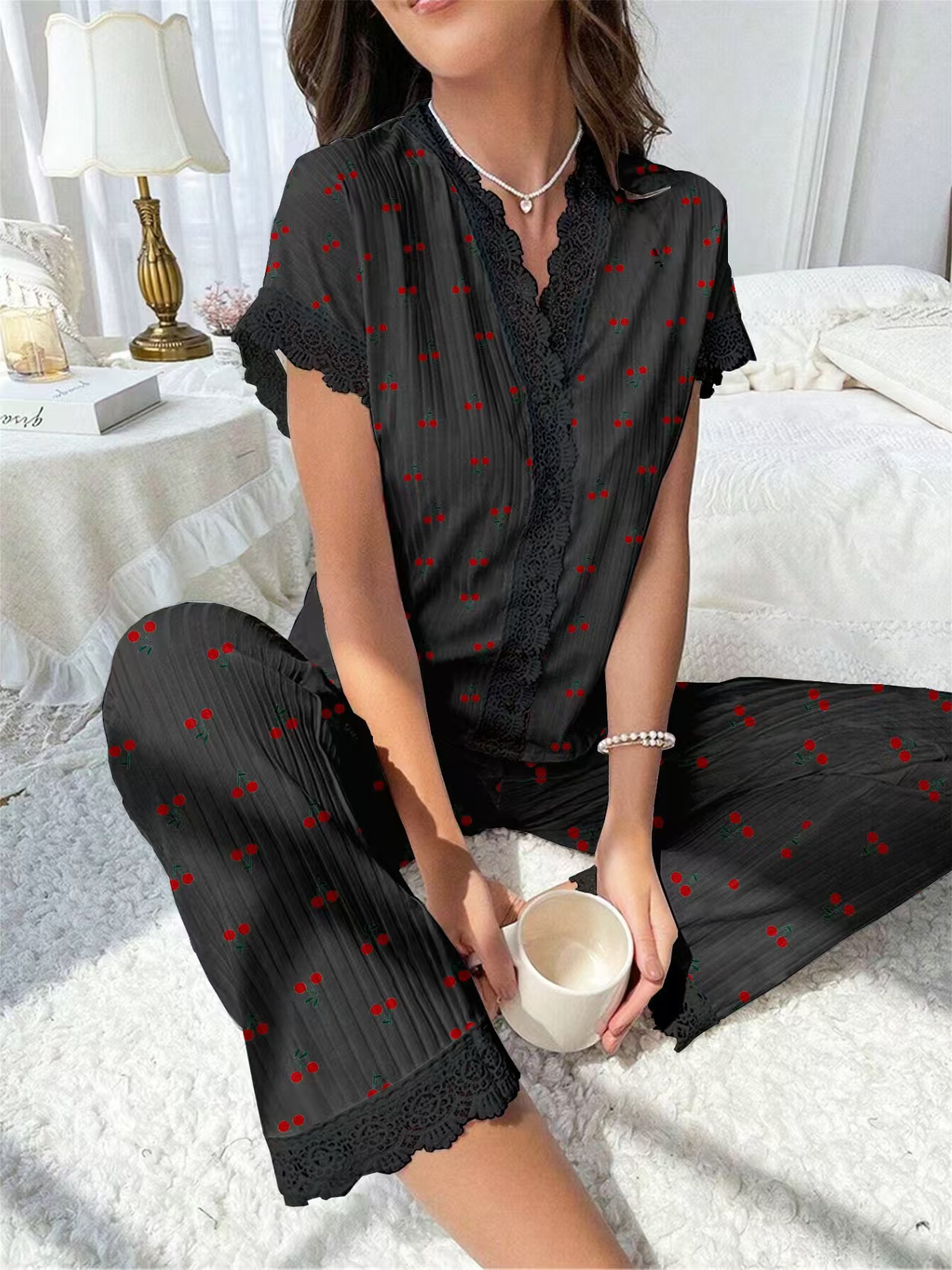 Printed Women's Pajama Set - Black Cherry, XXL