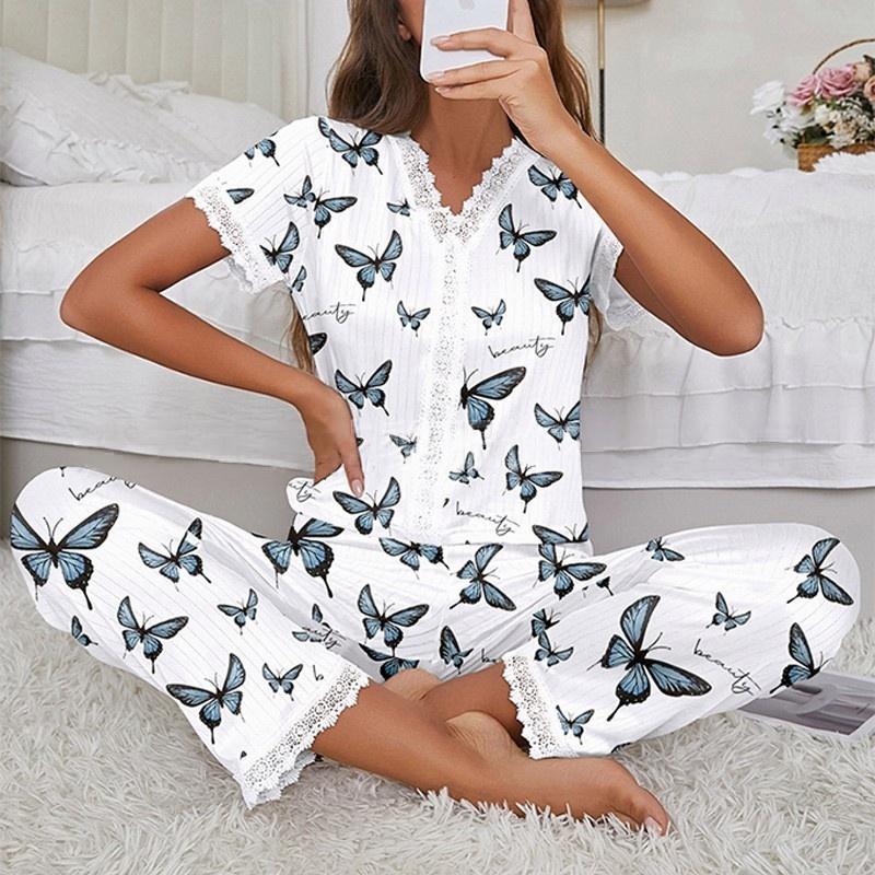 Printed Women's Pajama Set - Blue Butterfly, XXL