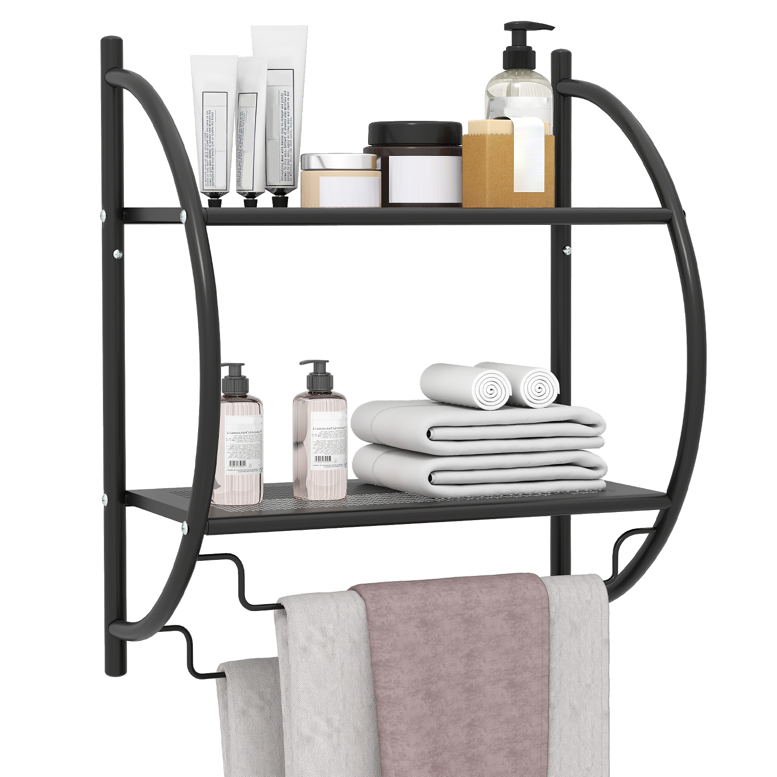 Wall Mounted Bathroom Shelf with 2 Tier Bathroom Towel Rack 2 Towel Bars for Hotel - Black