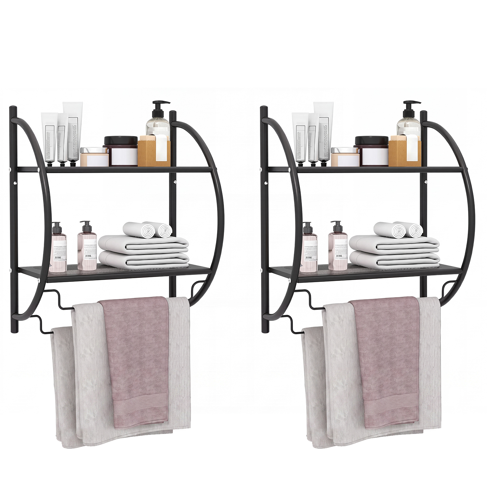 Wall-Mounted 2-Tier Bathroom Shelf with 2 Towel Bars - Black-2