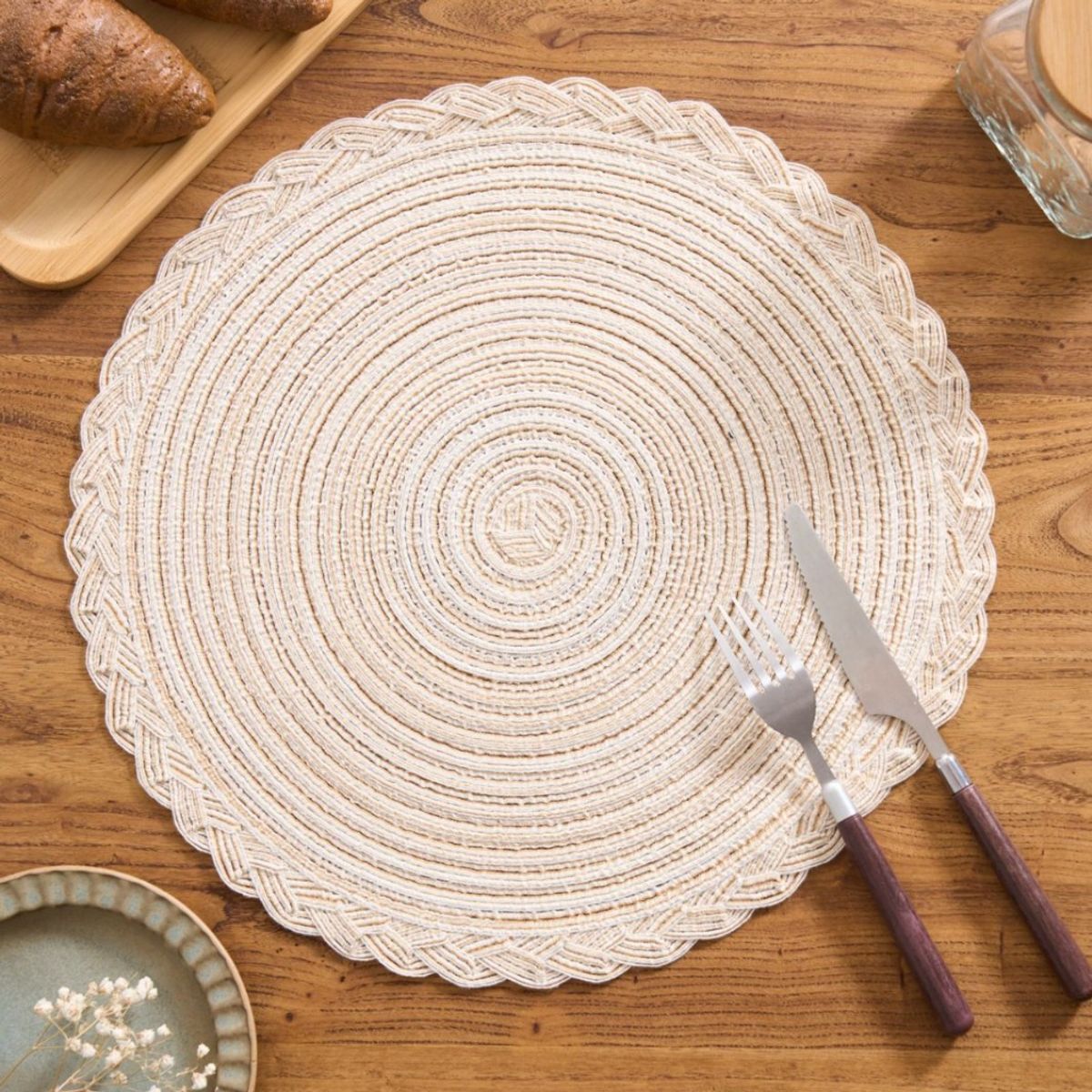 Round Woven Placemat with Braid Edge - White-L-4-pack