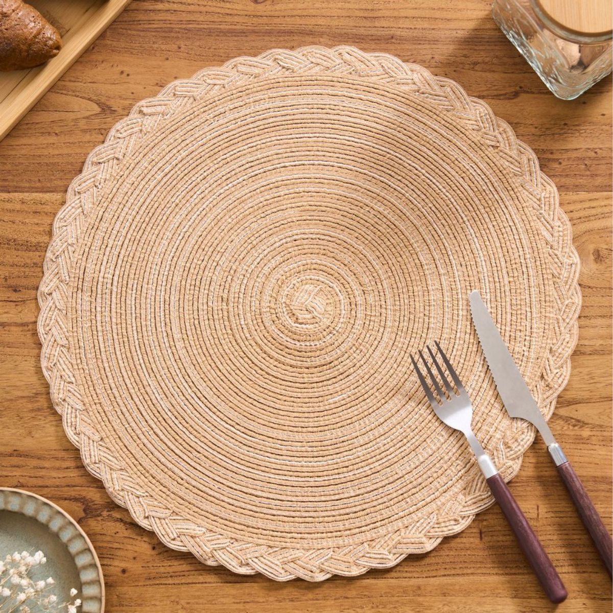 Round Woven Placemat with Braid Edge - Beige-L-4-pack