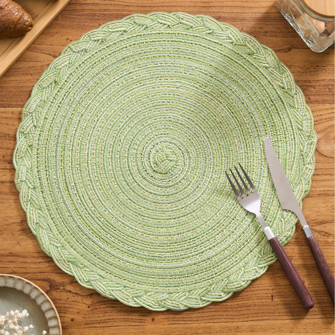 Round Woven Placemat with Braid Edge - Green-L-12-pack