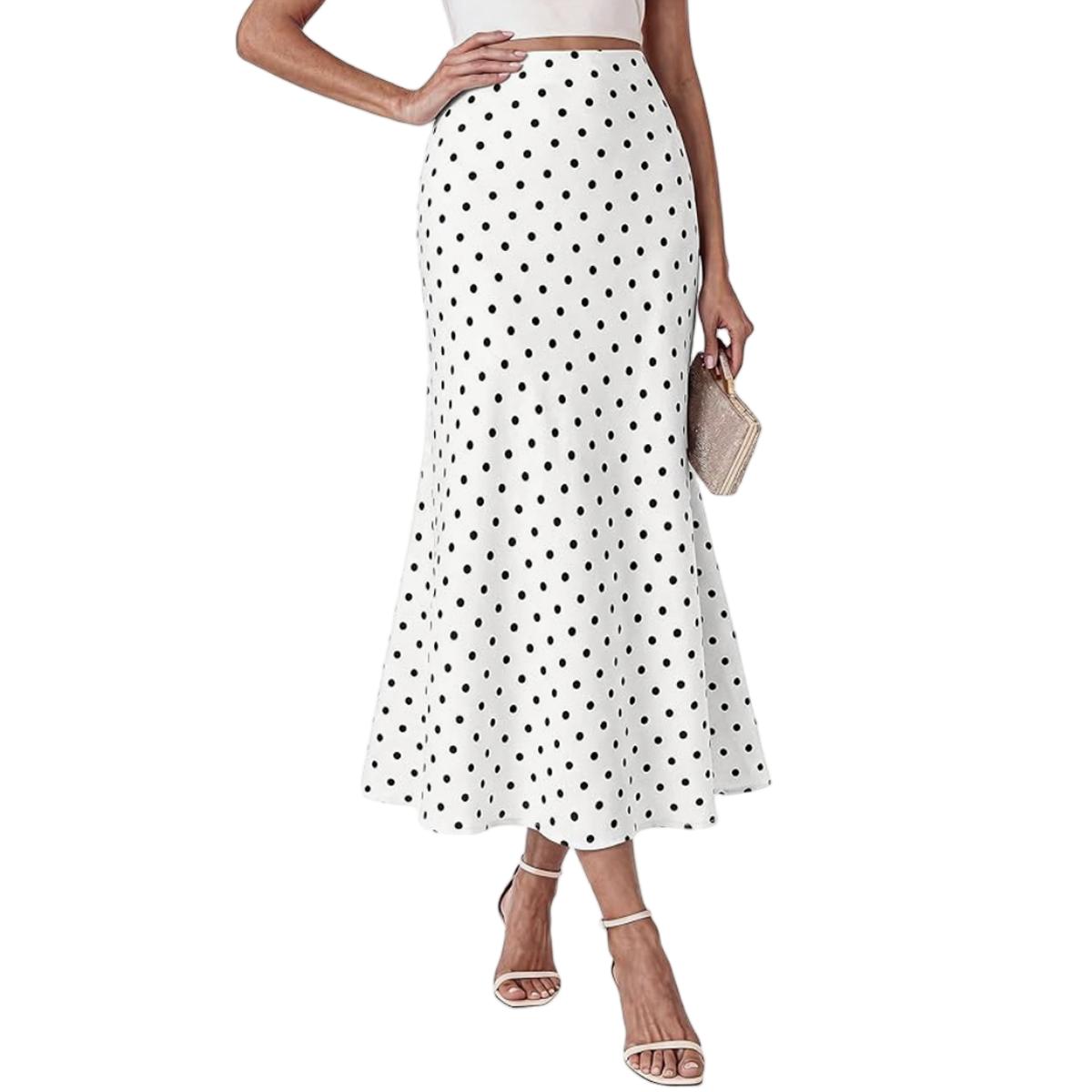 Women's Polka Dots Midi Skirt - White-S