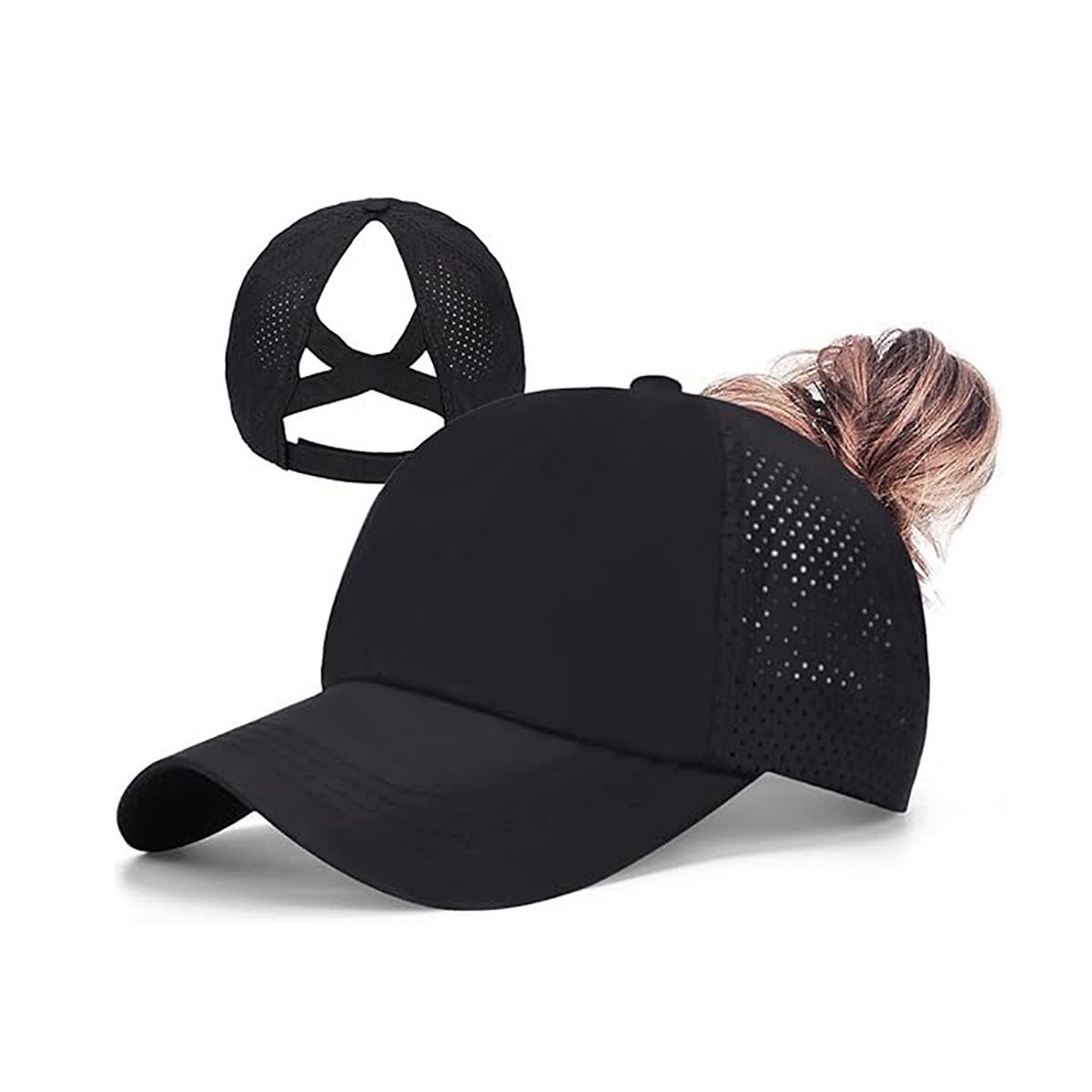 Women's Breathable Mesh Ponytail Baseball Cap - Black