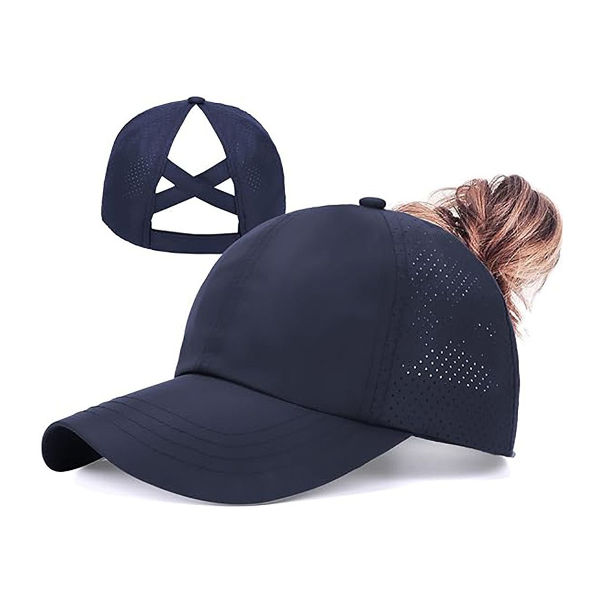 Women's Breathable Mesh Ponytail Baseball Cap - Navy Blue
