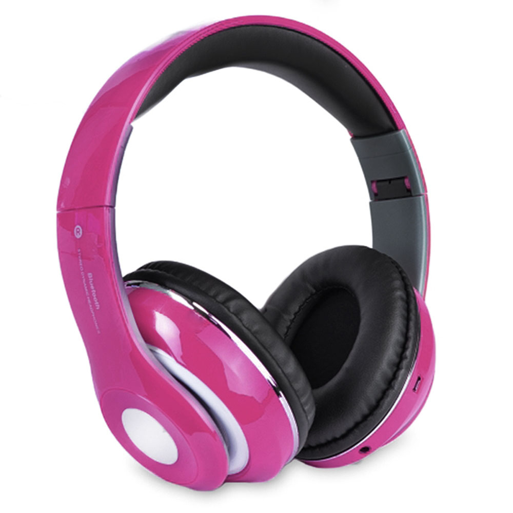 Bluetooth Wireless Headphones with Built-in FM Tuner, Memory Card Slot, and Mic - Pink