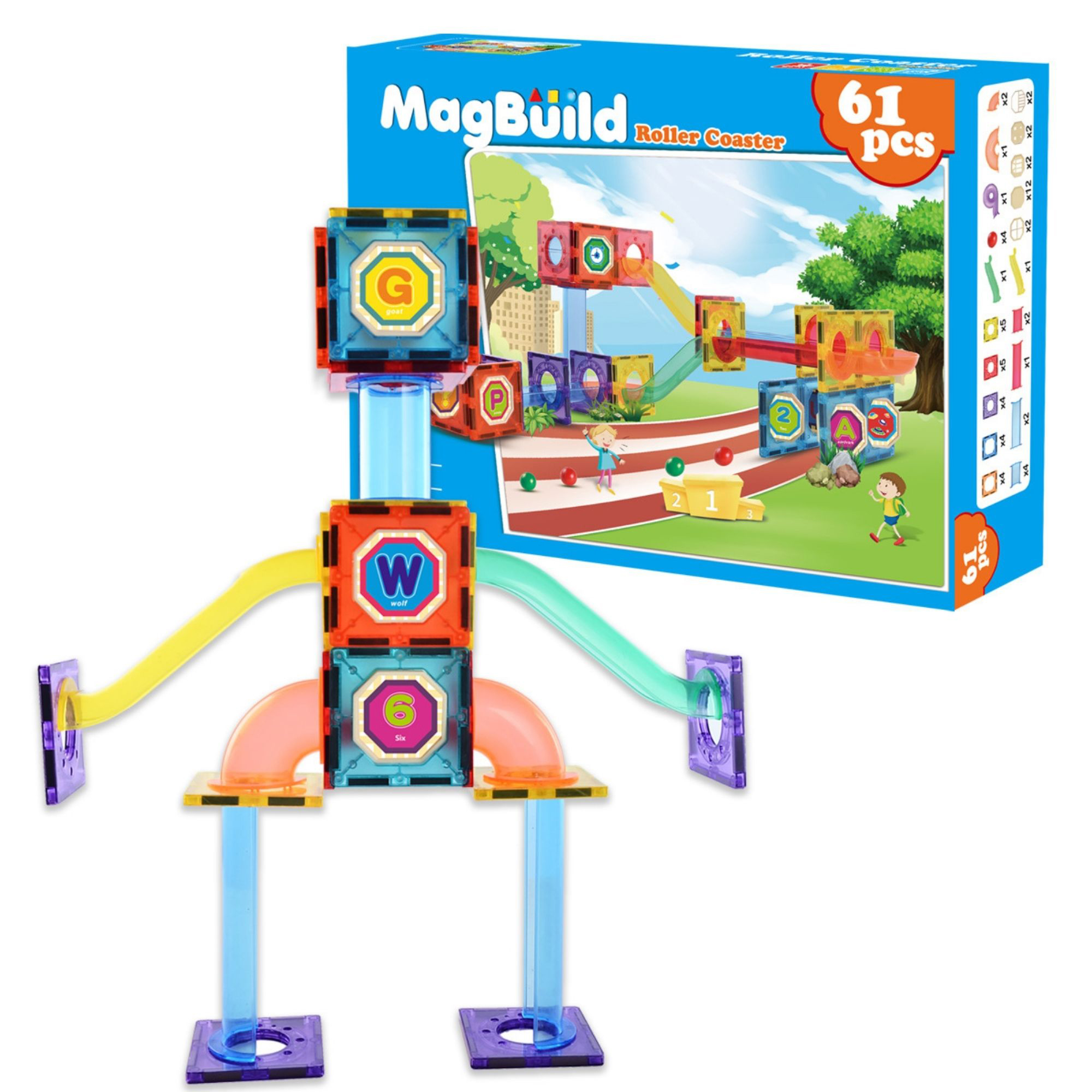 Kids' Magnetic Building Tile Set - 61 pcs Roller Coaster