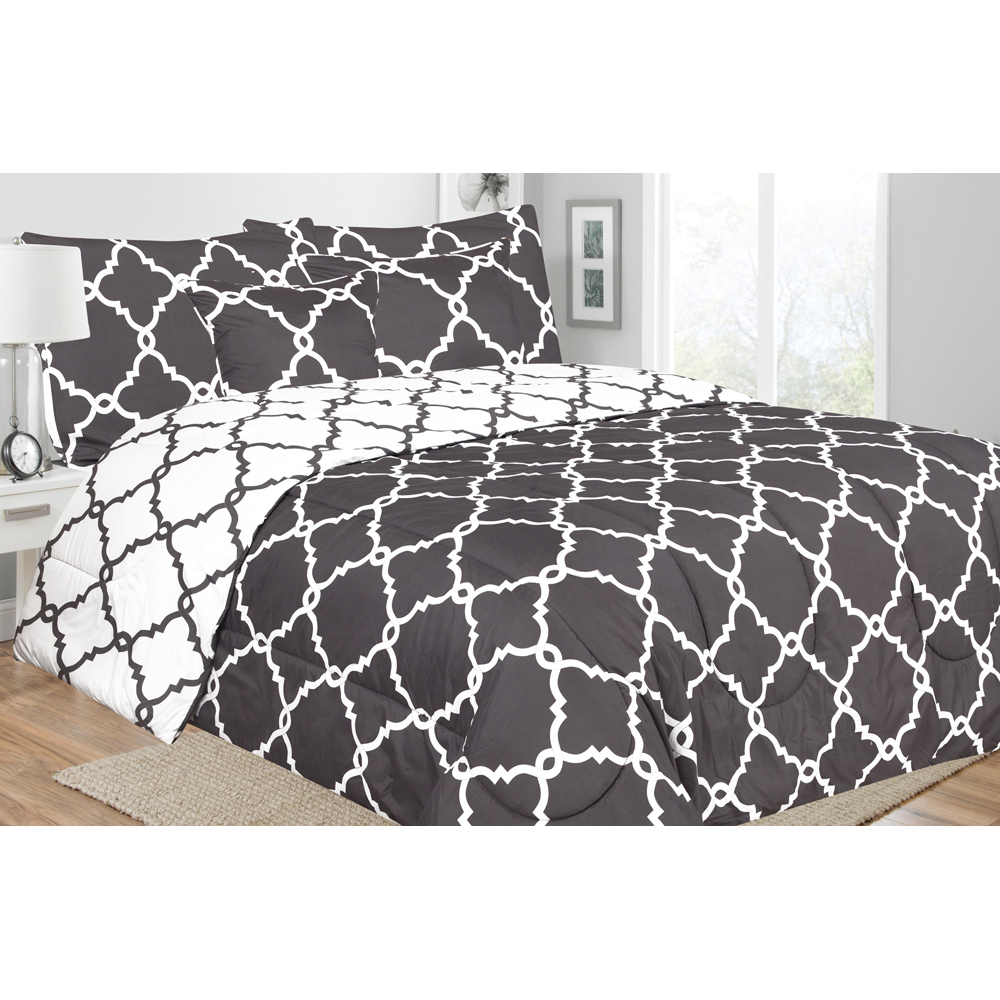 5-Piece Reversible Comforter Set with Throw Pillows - Queen - Gray