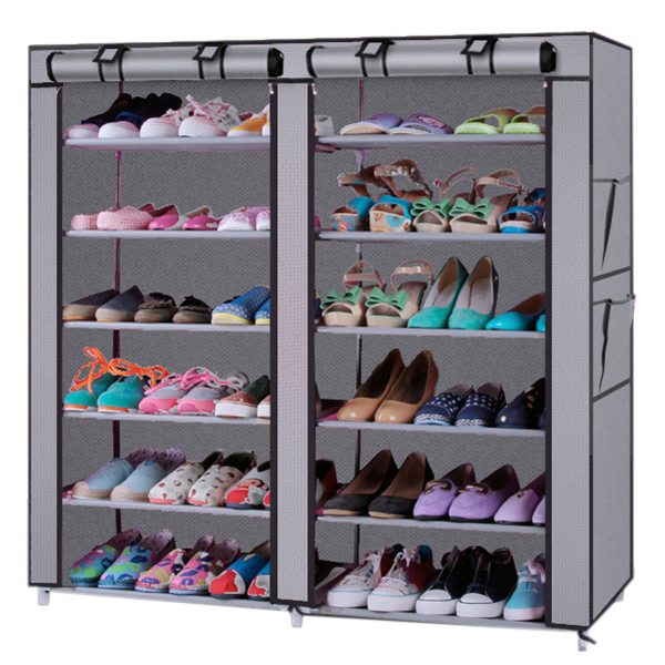 Dual Row Non-woven Fabric 12-Lattice Shoe Rack - Gray