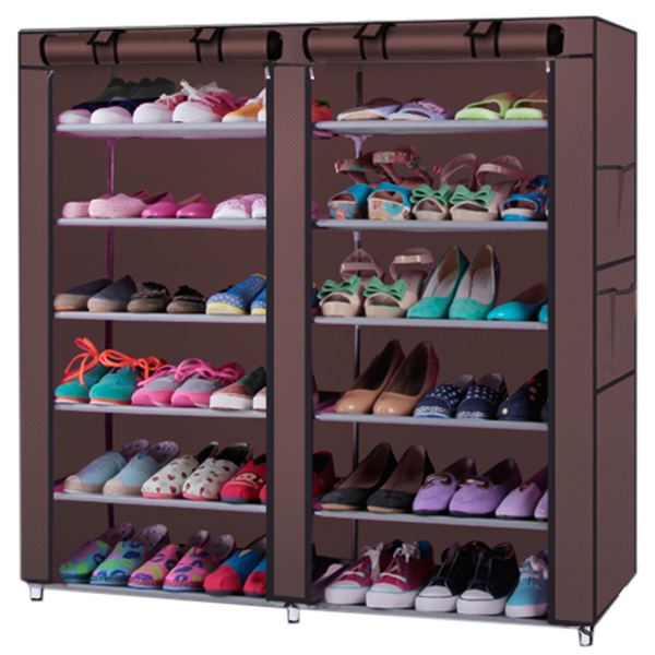 Dual Row Non-woven Fabric 12-Lattice Shoe Rack - Coffee