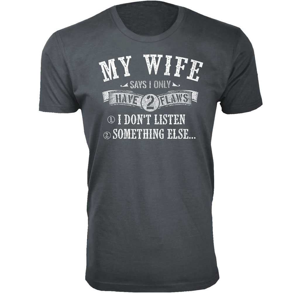 Men's Humorous Cotton Crew Neck T-Shirts - 2 Flaws - Charcoal / M