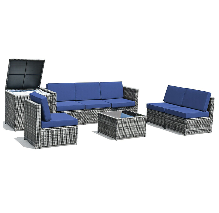 8-Piece Wicker Sofa Rattan Dining Set Patio Furniture with Storage Table - Navy