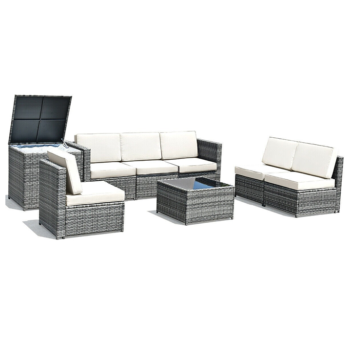 Gray Rattan 8-Piece Sofa/Storage Box Patio Furniture Set - White