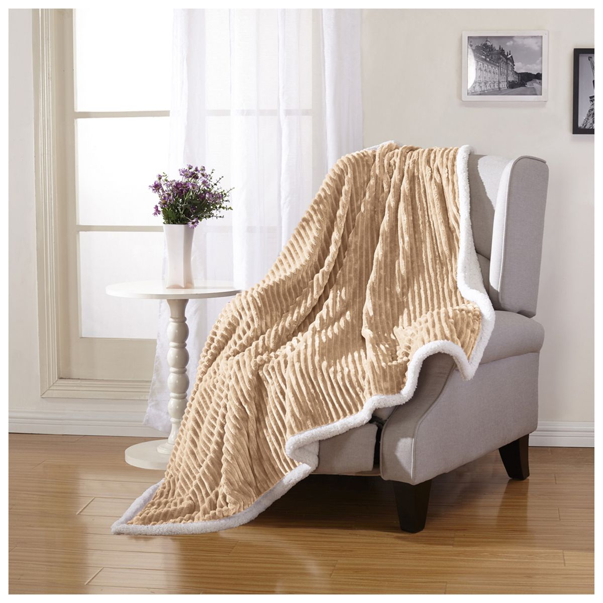 Sheradian Reversible Corduroy-Pattern Sherpa Throw Blanket - Mocha