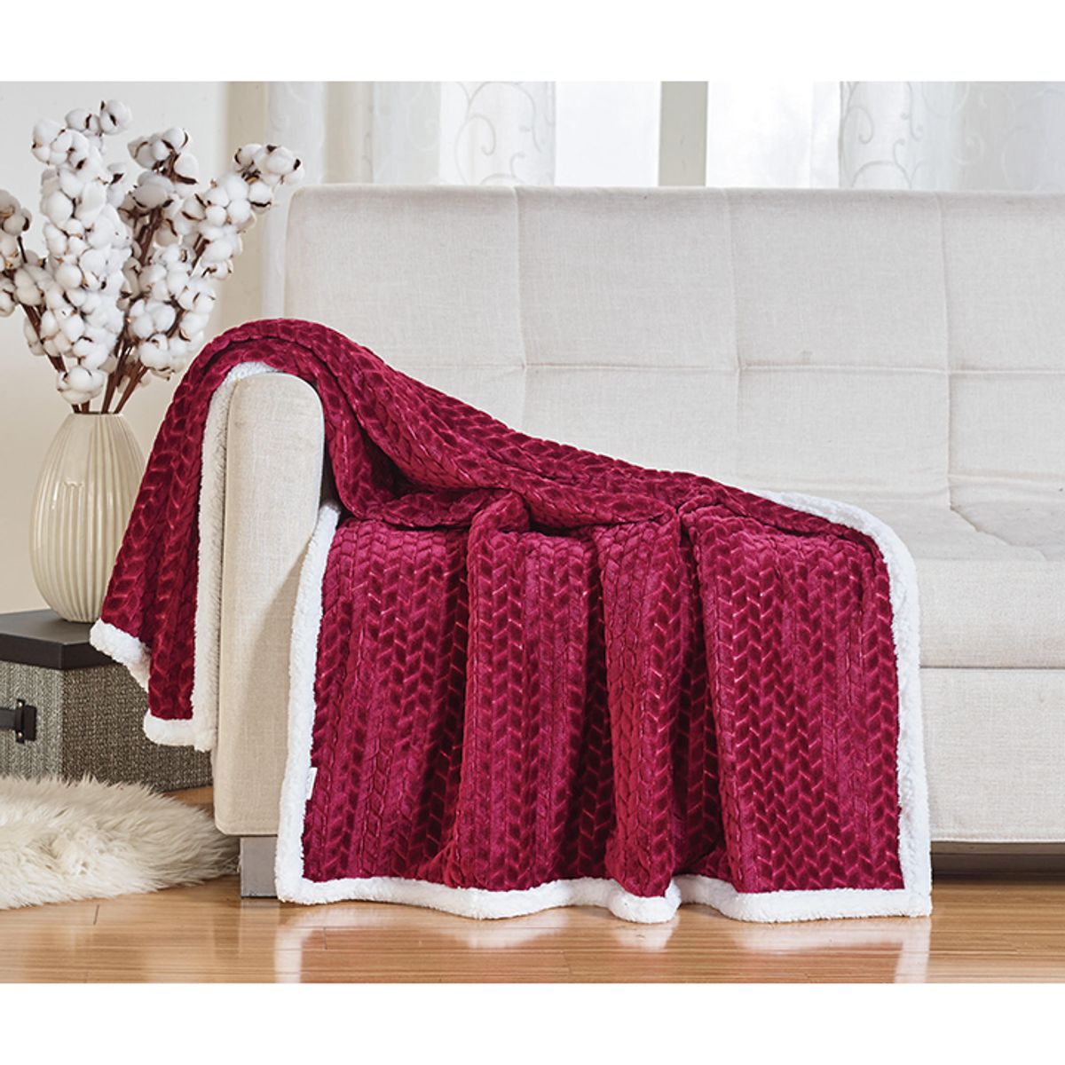 Sheradian Reversible Braid-Pattern Sherpa Throw Blanket - Burgundy