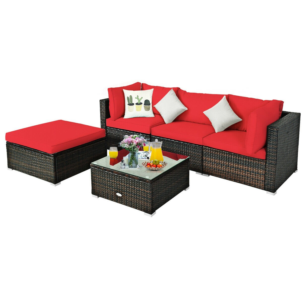Rattan 5-Piece Outdoor Sofa Set with Glass Top Table - Red