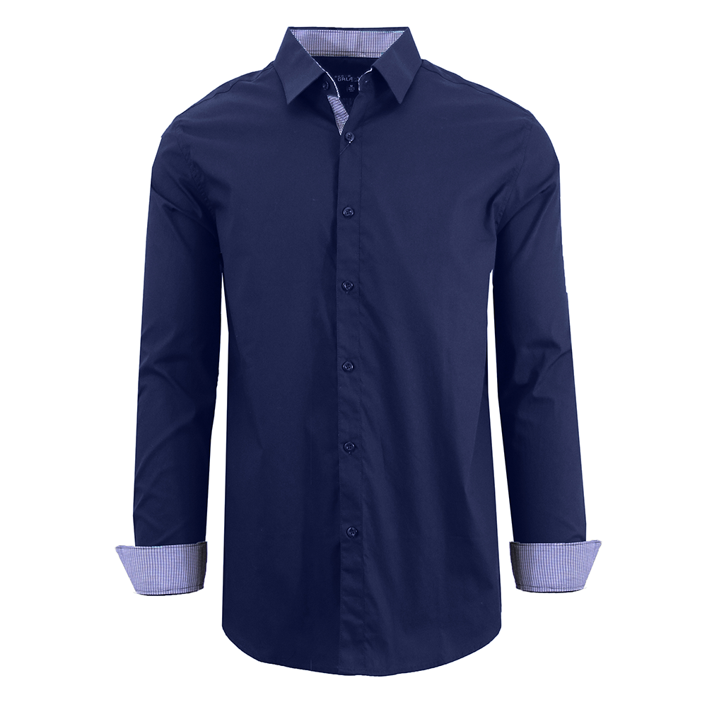 Men's Solid Color Slim-Fit Long-Sleeved Dress Shirt - Navy - X-Large