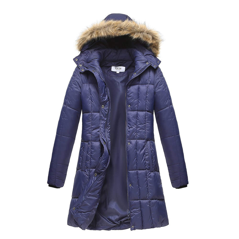 Haute Edition&reg; Women's Mid-Length Puffer Parka Coat with Faux Fur-Lined Hood - Medium - Navy