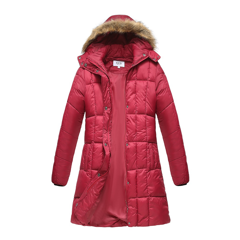 Haute Edition® Women's Mid-Length Puffer Parka Coat with Faux Fur-Lined Hood - Large - Wine