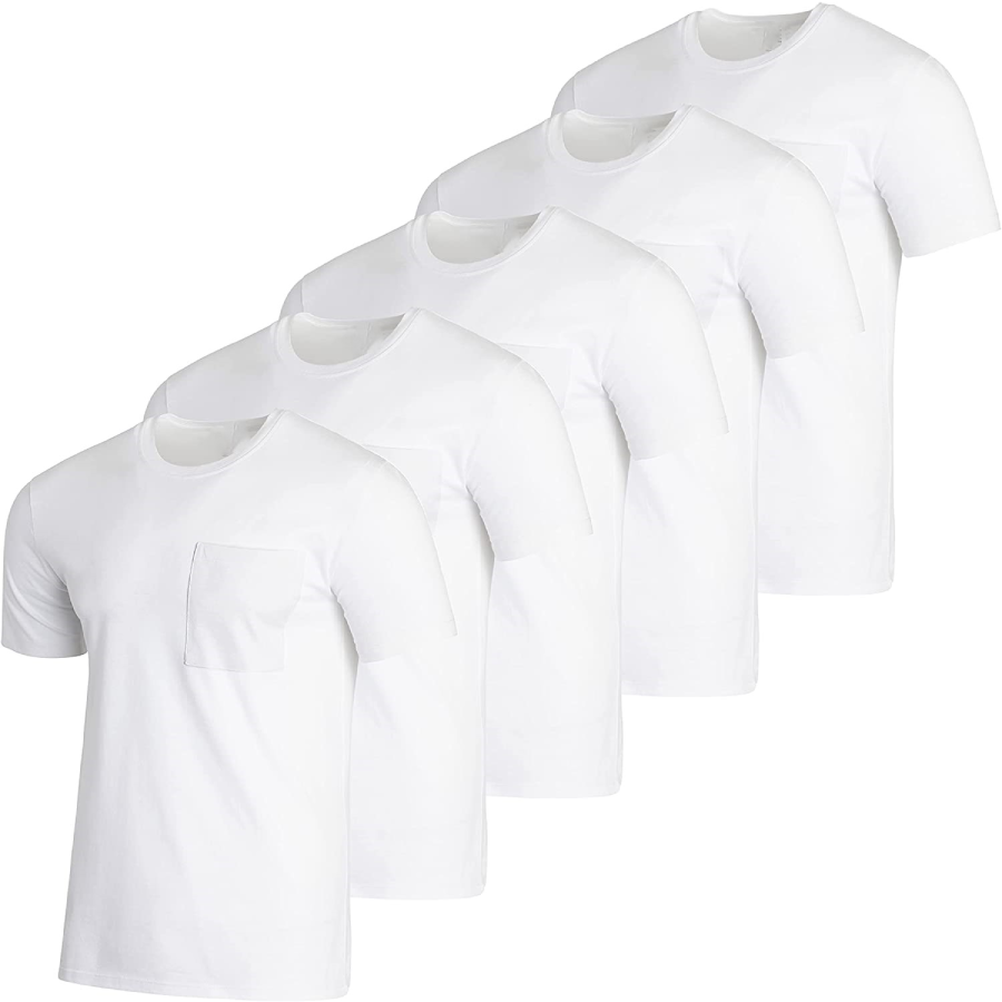 Men's Cotton Crewneck T-Shirt with Pocket (5-Pack) - White Pack- Small