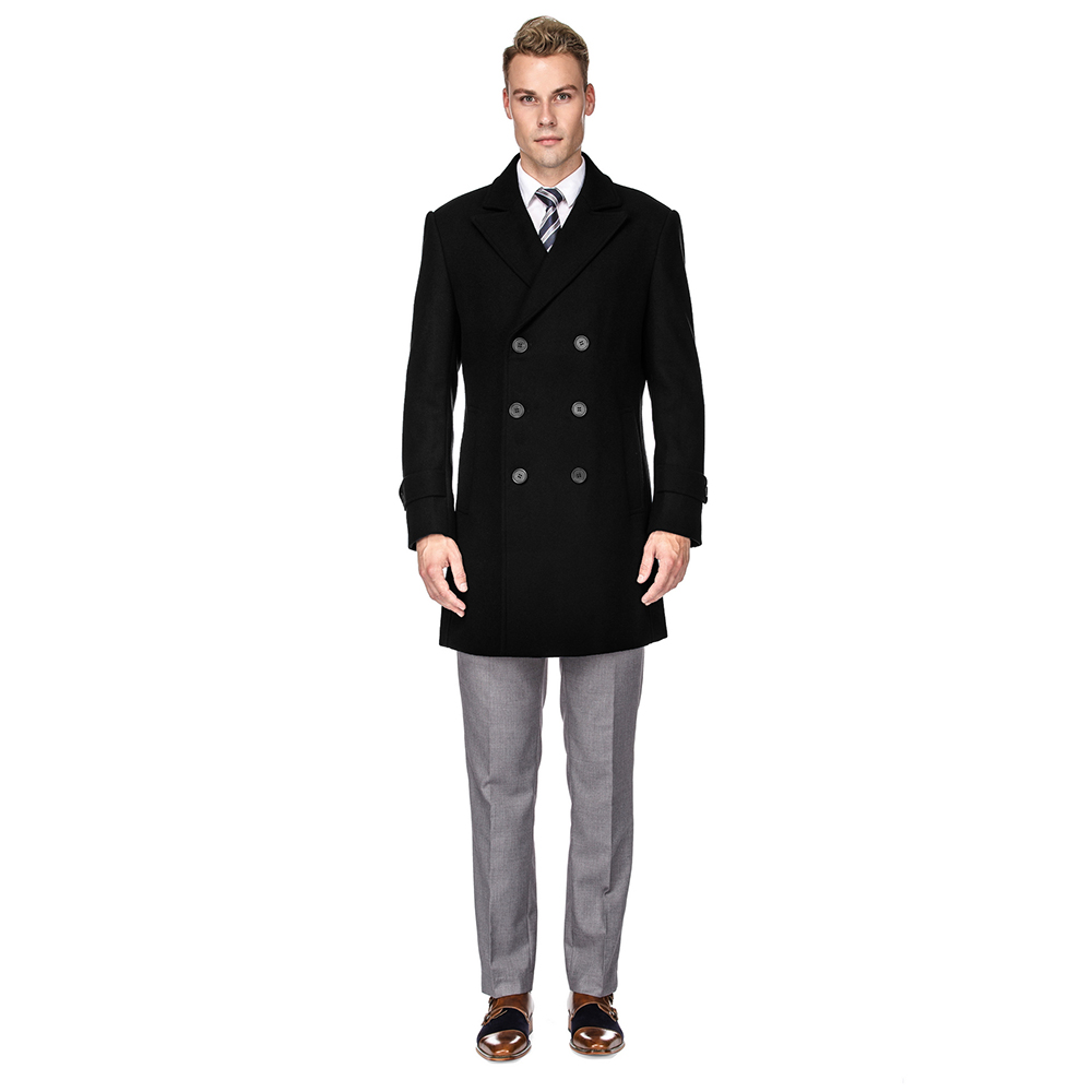Men's Double- or Single-Breasted Peacoat Wool Blend Dress Jacket - Double-Breast - Black - Large