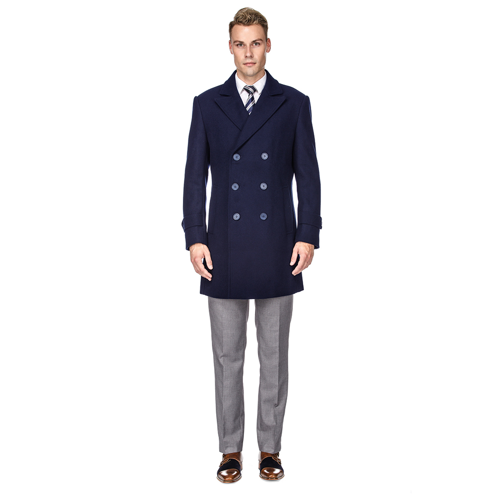 Men's Double- or Single-Breasted Peacoat Wool Blend Dress Jacket - Double-Breast - Navy - X-Large