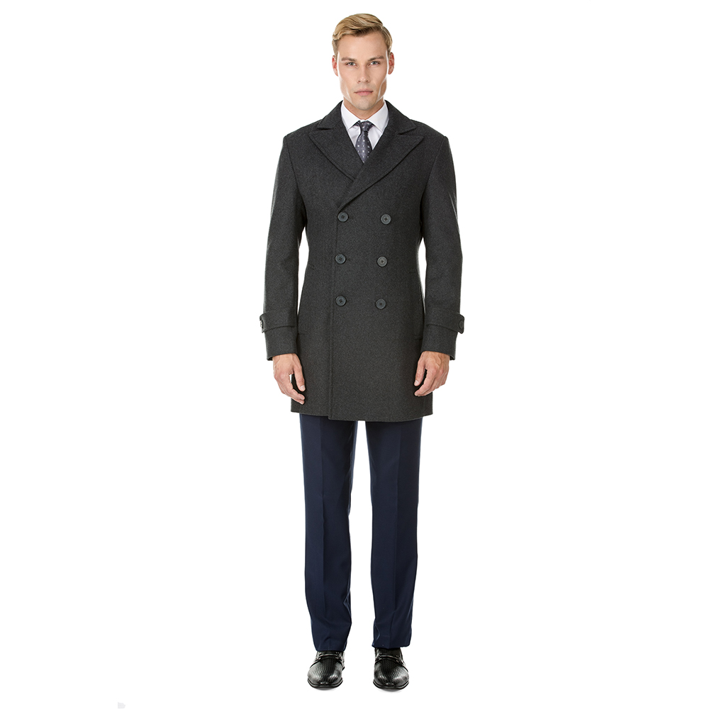 Men's Double- or Single-Breasted Peacoat Wool Blend Dress Jacket - Double-Breast - Charcoal - X-Large