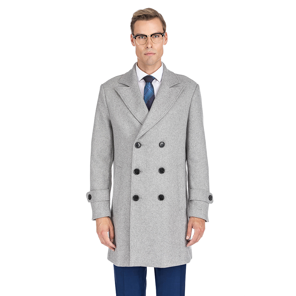 Men's Double- or Single-Breasted Peacoat Wool Blend Dress Jacket - Double-Breast - Light Grey - Large