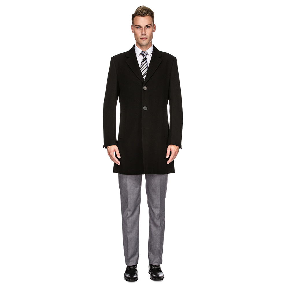Men's Double- or Single-Breasted Peacoat Wool Blend Dress Jacket - Single-Breast - Black - Large
