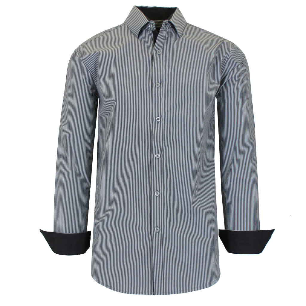 Men's Long Sleeve Slim-Fitting Gingham Pattern Dress Shirt - Large - Black and Grey Pinstripe