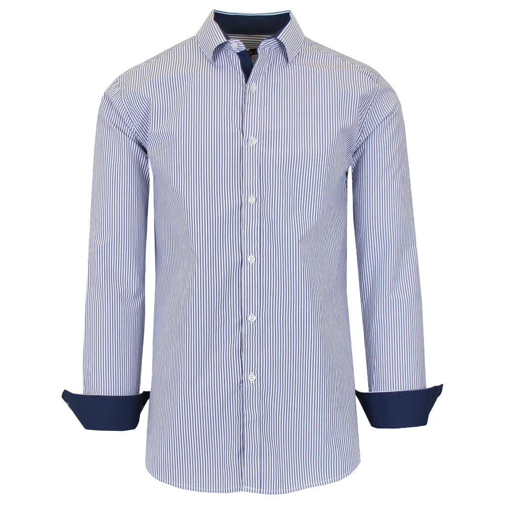 Men's Long Sleeve Slim-Fitting Gingham Pattern Dress Shirt - Large - Navy and White Pinstripe