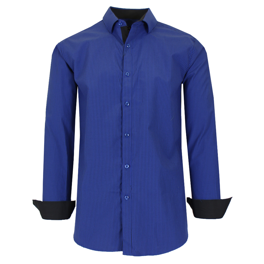 Men's Long Sleeve Slim-Fitting Gingham Pattern Dress Shirt - X-Large - Royal Blue and Black Pinstripe