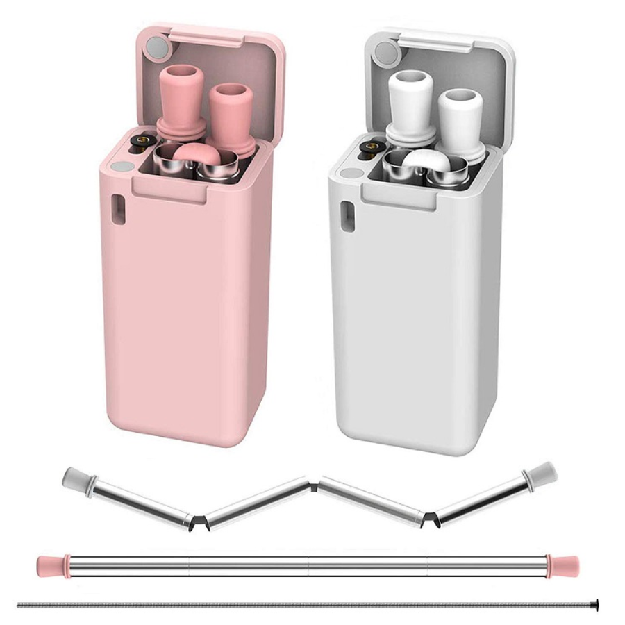 Reusable Straw with Hard Case Holder and Cleaning Brush (2-Pack) - CollapsibleStraws-PinkWhite