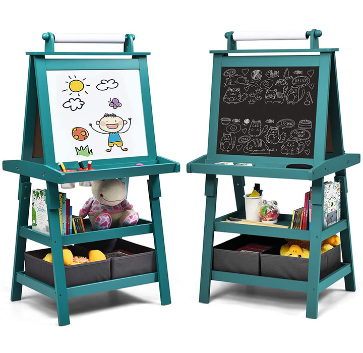 Kids Art Easel Double Sided Chalkboard Magnetic Whiteboard with Storage Tray