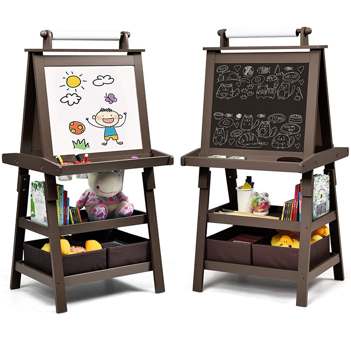 Kids Art Easel Double Sided Chalkboard Magnetic Whiteboard with Storage Tray - Brown