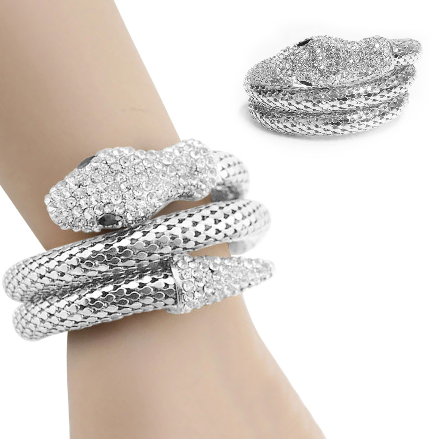 Photos - Bracelet Two Elephants Exotic Designer Sultry Crystal Snake - Silver B1863-SIL