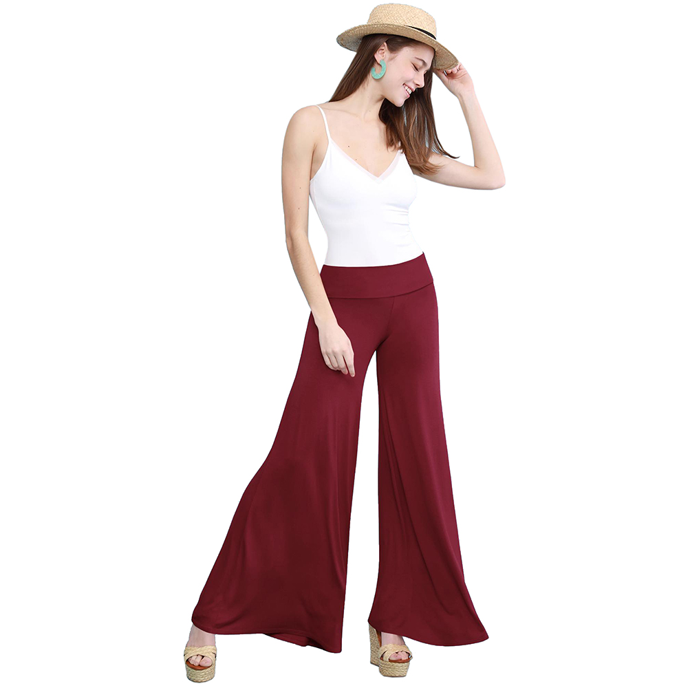Women's Casual Comfy Wide Leg Palazzo Lounge Pants - Wine - X-Large