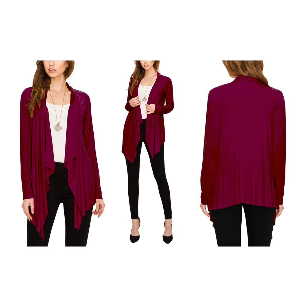 Women's Draped Open Front Cardigan - Wine - Medium