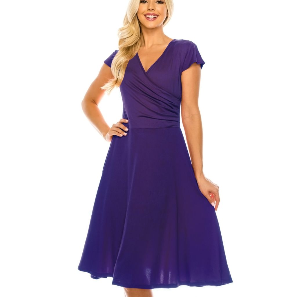 Women's Solid V-Neck Skater Dresses - Small - Purple